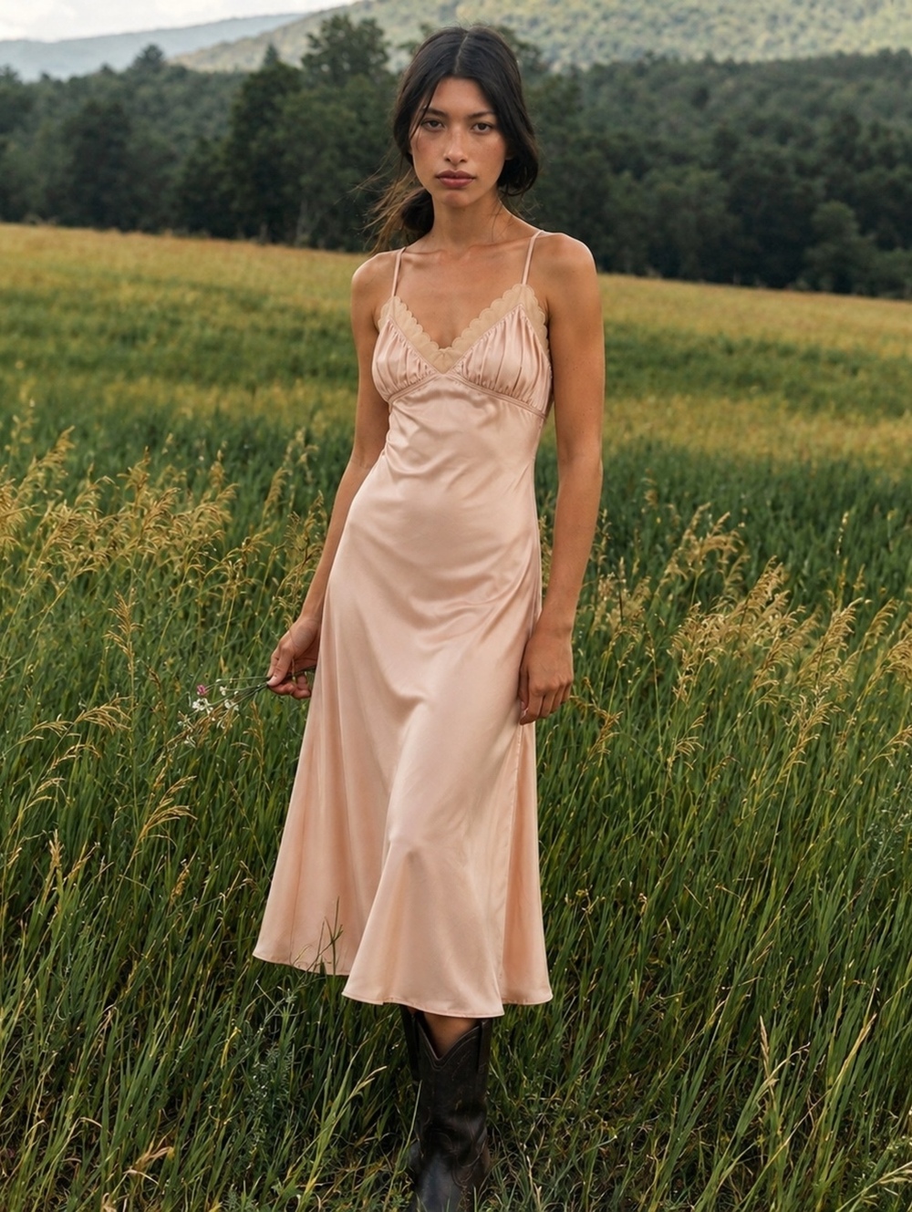 Song of Style Champagne Satin Maxi Slip Dress Scalloped Bustier NWT L